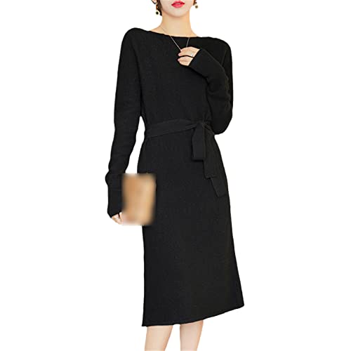 Robe tricotée laine mérinos Kelsiop, vêtement hiver long noir col monobloc XL