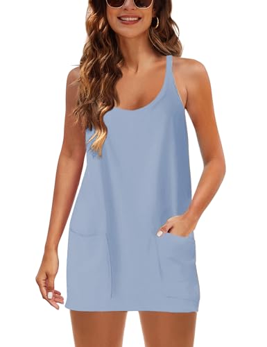 Image of Lentta Womens Athletic Sleeveless Mini Dress with Built-in Shorts V Neck Spaghetti Strap Sundress