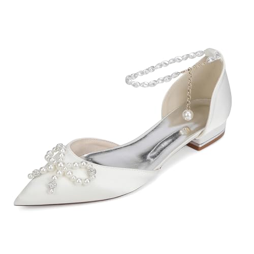 Women's Pearls Ankle Strap Wedding Bridal Shoes Satin Low Heels Ballet Flats Closed Pointed Toe Evening Party Dress Sandles