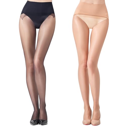 2 Pairs Seamless Pantyhose for Women High Elastic Tummy Control 20D Sheer Gloss Tights with Comfort High Waist