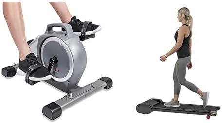 Sunny Health & Fitness Under Desk Mini Exercise Cycle Bike + Sunny Health & Fitness Walkstation Slim Flat Treadmill for Under Desk and Home – SF-T7945,Black