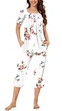 Bestbee Womens Pajama Set 2 Piece Summer Sleepwear Set Henley Neck Short Sleeve Capri Pant With Pockets Ladies Pjs L, Floral White