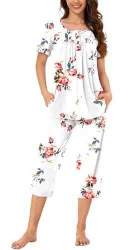 Bestbee Womens Pajama Set 2 Piece Summer Sleepwear Set Henley Neck Short Sleeve Capri Pant With Pockets Ladies Pjs M, Floral White