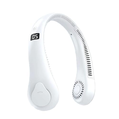 Ventilador de cuello portátil, recargable por USB, sin hojas, ventilador de cuello colgante, 1200 mAh, 5 velocidades, para senderismo, deportes al aire libre, viajes, hogar (blanco)