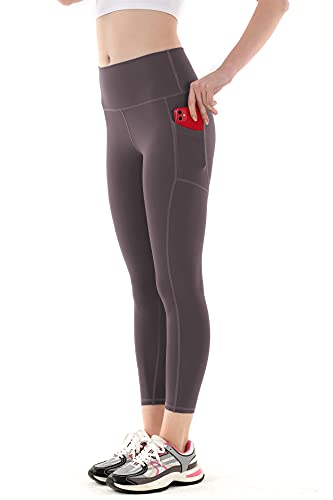 maiyue Leggings de yoga de cintura alta con 2 bolsillos, control de barriga, correr, no transparentes - marrón - Large