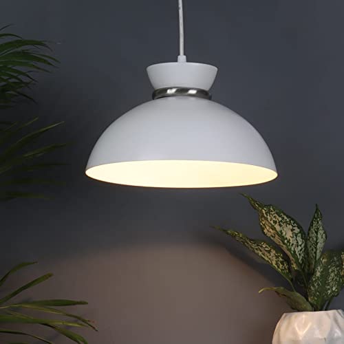 Image of MONI Modern White Metal Pendant Ceiling Light for Living Room, Dining Area, Kitchen Island | Dome Hanging Lamp Shade | E27 Holder | Contemporary Indoor Lighting Fixture (Pack of 1)