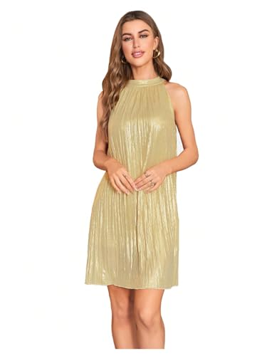 SweatyRocks Women's Casual Sleeveless Tie Back Halter Dress Mini Swing Pleated A-line Loose Dress Gold B X-Small