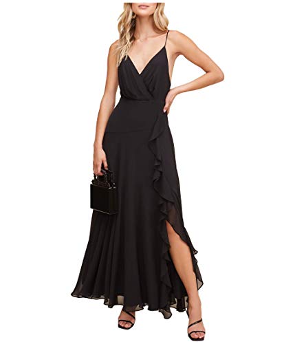 ASTR the label Women's Sleeveless Surplice V-Neck Holland Ruffled Full Length Bridesmaid Dress, Black, L