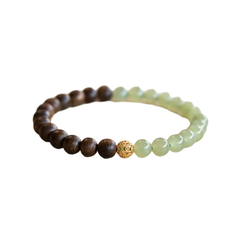 Pulsera de jade hetiano natural de madera de agar de 6 mm, pulseras de cuentas de material natural, pulsera elástica con caja de regalo para mujeres, esposas y novias, adjustable, Madera de agar y