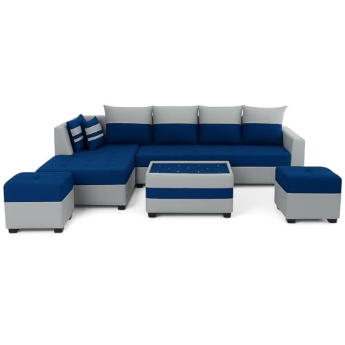 Image of FURNY Stolan 8 Seater Fabric LHS Sectional L Shape Sofa Set with Centre Table & 2 Puffy- (Blue-Light Grey Color)