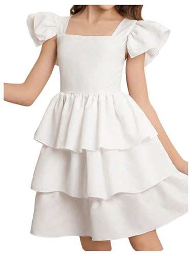 Girl's Square Neck Tiered Layer A Line Dress Cap Sleeve Ruffle Hem Smocked Party Dresses
