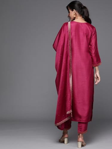 Image of Libas Womens Embellished Silk Blend Straight Kurta With Trousers and Dupatta