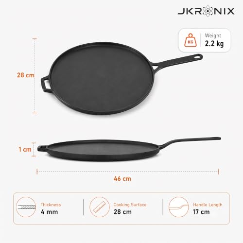 Image of Pre-Seasoned Cast Iron Dosa Tawa with Long Handle & Silicone Grip, 28 cm, Naturally Non-Stick Cookware for Roti, Chapati, Chilla & Uttapam, Heavy Duty Griddle, Gas Stove & Induction Compatible