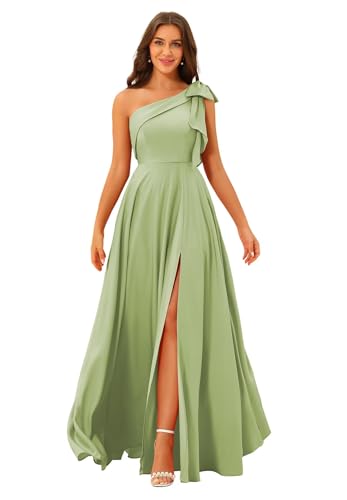BITALY One Shoulder Bridesmaid Dress with Bow Long Prom Dress Satin Formal Gown with Slit BI151