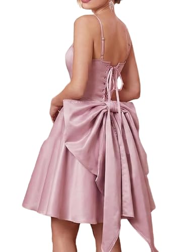 Image of WDIRARA Women's Satin Bow Homecoming Dresses Spaghetti Strap Wedding Guest Gown Summer Mini Dress
