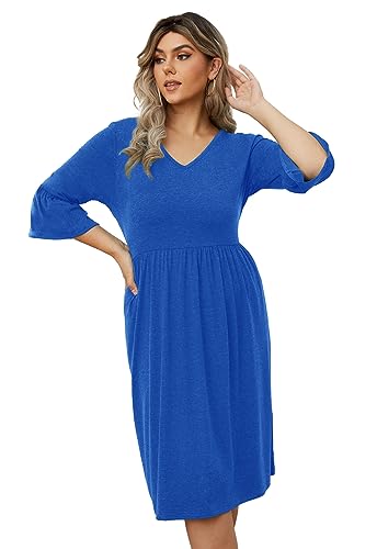 Image of Women's Plus Size 3 /4 Sleeve Casual Dress V Neck Spring Summer Tshirt Empire Waist Ruffle Midi Dresses
