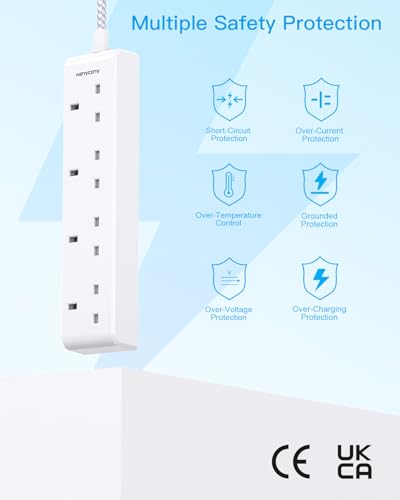 4 Gang Extension Lead 2M, HANYCONY Multi Plug Extension Socket with Braided Cable, 13A 3250W UK Power Strip, Durable Electric Extension Cord for Office, Bedroom, Kitchen Accessories, White - Image 4