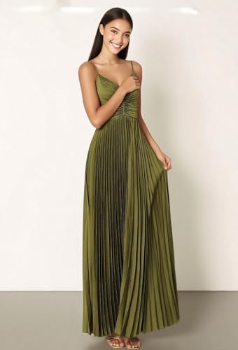 Satin V Neck Bridesmaid Dresses for Women with Pleated Long Spaghetti Straps Prom Dress A Line Formal Evening Gown3