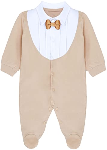 Lilax Baby Jungen Gentleman Footie Weihnachten Stilvolles Smoking Outfit mit Fliege, beige, 6-9 Months