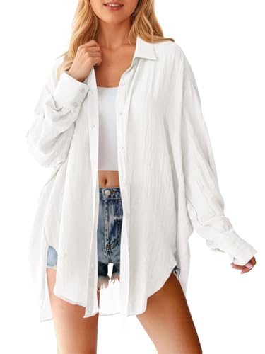 Saodimallsu Womens Oversized Button Down Shirts Long Sleeve Irregular Hem Blouse Tops White