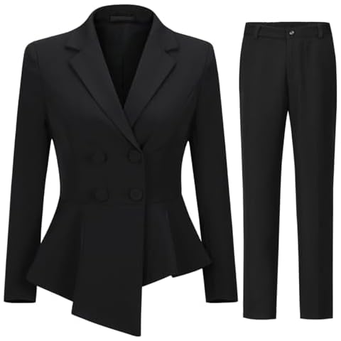 YUNCLOS Women's Double Breasted 2 Piece Suit Set 2 Button Blazer Jacket and Pants, Black, L Cover