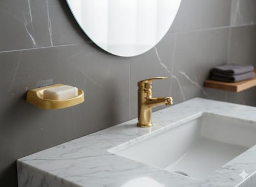Image of CIPLA PLAST Self Adhasive Wall Mounted Soap Dish Holder, Golden Coloue, Plastic, Drainage Design, Adhesive Mount, Bathroom Organizer, Pack of 2