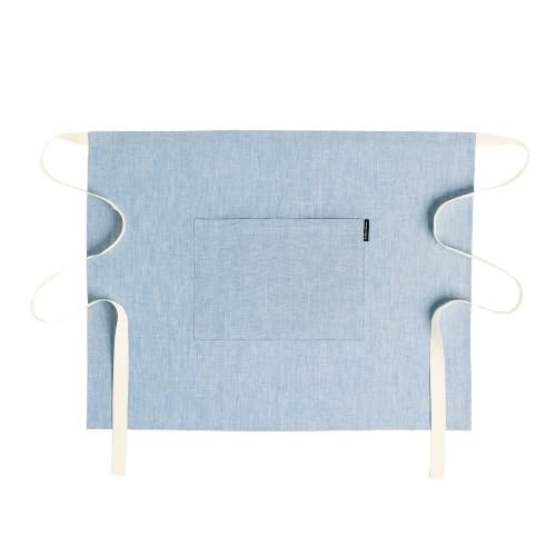 Solino Home 100% Pure Linen Apron, 21 x 27 in, Blue and Ivory, Bistro Apron