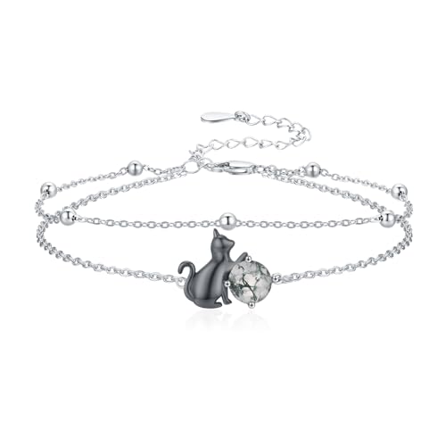 Image of CHENGHONG Cat Starfish Anklet for Women 925 Sterling Silver Starfish Cat Moss Agate Link Anklets Fashion Bracelet Jewelry Gift