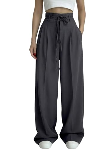 Image of Aahwan OffWhite Solid High Fabric Belt Waist Straight Korean Loose Pleated Wide Leg Trouser for Women's & Girl's