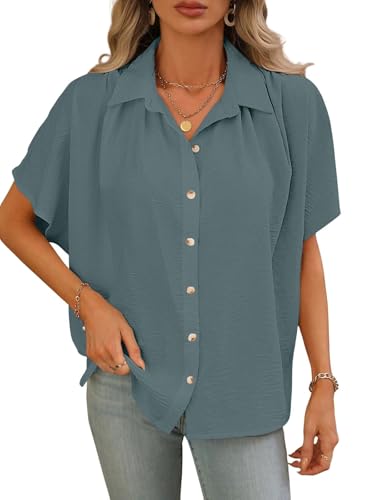 Image of GRECIILOOKS Oversized Shirt for Women | Shirt Top for Woman |Women's Color Block Button Down Blouse - Casual Loose Fit Short Sleeve Summer Shirt's Work, Vacation & Everyday Wear
