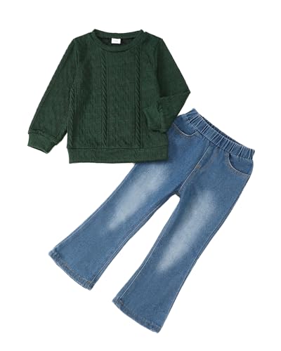 Image of Renotemy Kids Little Toddler Girl Clothes Button Down Tie Front Shirt + Bell Bottoms Jeans Girls 2 Piece Outfits Clothing Set