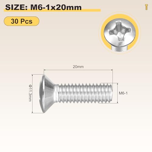 Image of METALLIXITY Semi-Countersunk Oval Head Machine Screws (M6-1x20) 30Pcs, 304 Stainless Steel Phillips Cross Recessed Machine Screw Bolts - for Furniture Assembly DIY Projects, Silver