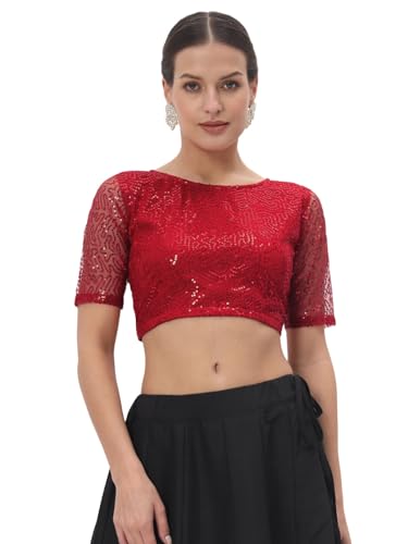 Image of studio rasa Women's Net Sequin Embroidered Sheer Sleeves Readymade Saree Blouse for Wedding Festive Party