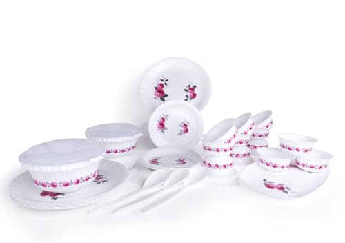 Image of Dinner Set of 32 psc Exclusive Plastic Printed Round Dinner Set. 6 Big PLATS, 6 Small PLATS, 12 Small Bowl,3 Big Spoon, 2 Big Bowl with 2 LID 1 Big Plate .(Pink Color) (32)