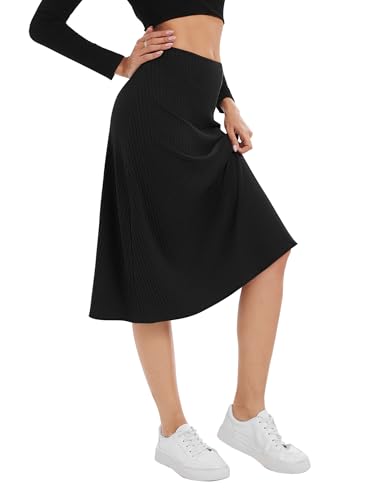 Urban CoCo Women's Elastic High Waist A-Line Flared Midi Skirt Solid Ribbed Knit Skirts3