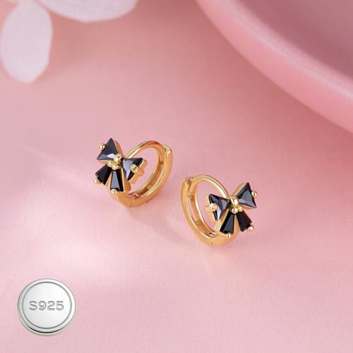 Image of Reffeer Solid 925 Sterling Silver Bow Hoop Earrings Huggie for Women Teen Girls Black CZ Bowknot Hoop Earrings Ribbon Cartilage Huggie