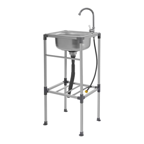 Fregadero independiente de acero inoxidable, 1 fregadero de 38 x 33 x 83 cm, con armario inferior, 60 kg, capacidad de carga, para exteriores, fregadero de camping, lavabo móvil para garajes y cocinas
