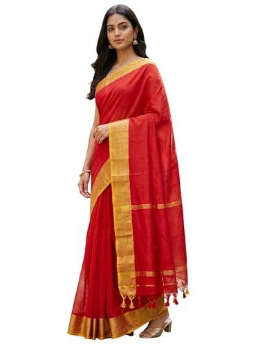Image of Cotton Silk Sarees with zari border l Solid color cotton silk sarees for women l Bengal Handloom cotton sarees.