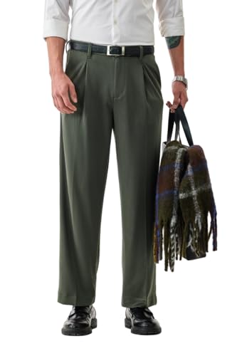 Image of SNITCH Men Casual Trousers | Loose Fit Pleated Front Plain Wide-Leg Style | Lightweight Polyester Blend Medium-Stretch Fabric for Summer & All-Day Comfort Wear