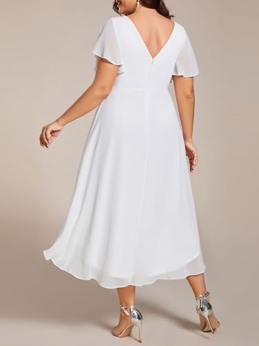 Image of Ever-Pretty Plus Summer Short Sleeves V-Neck Formal Wedding Guest Dresses for Curvy Women Chiffon Midi Cocktail Party Dress