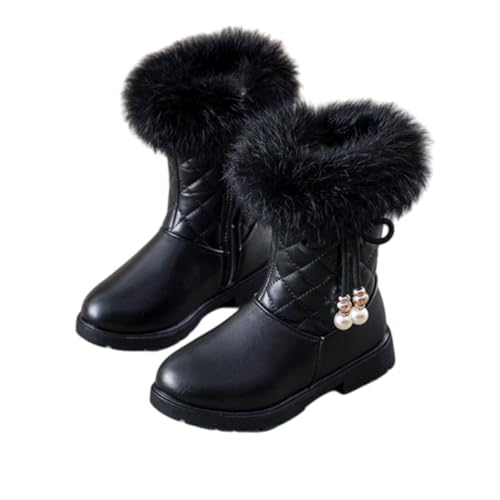 Girls Winter Mid-Calf Leather Warm Fur Boots Side Zipper Bowknot Pearl Princess Booties