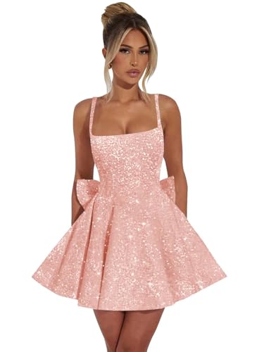 Sparkly Sequin Homecoming Dresses for Teens Square Neck Short Prom Cocktail Party Dress with Bow