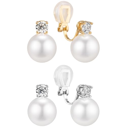 2 Pairs Pearl Clip On Earrings for Women, 14K Gold Pearl Earrings 925 Silver Pearl Earrings, 10mm White Pearl Non Pierced Hypoallergenic Trendy Wedding Jewelry
