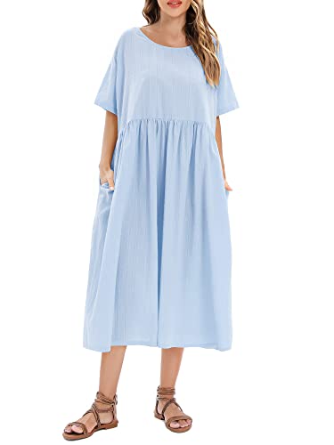 Versear Kaftan Damen Lang Baumwolle Boho mit Taschen Rundhals Jacquard Lose Maxikleid Kurzarm Einfarbig Langes Freizeitkleid Oversize Strandkleid Strandponcho Tunika Maxi Pareo Bikini Cover Up Cover