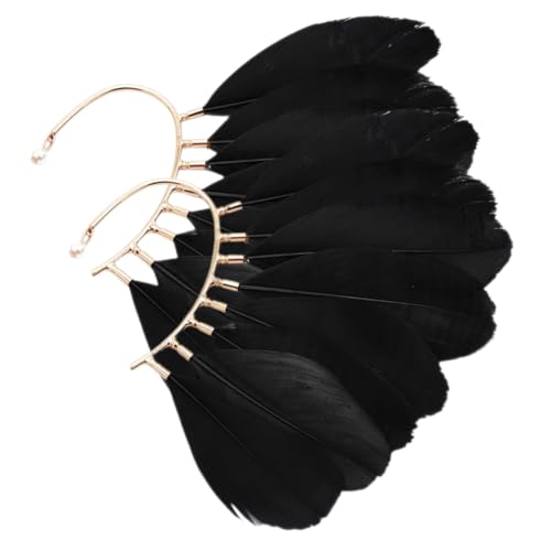 Beaupretty Pendientes de Plumas sin Perforación para Mujer Puños de Oreja Étnicos Negros Pendientes de Presión Ligeros y Cómodos Accesorios de Moda para Festival y Fotografía