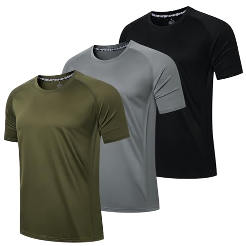 LUWELL PRO 3 Pack Mens T Shirts Gym Clothes Running ShirtsQuick Dry Sport Tops for Men UK Moisture Wicking Athletic Shirt Breathable Short Sleeve Work Tshirts Multipack(YF-UK-560-Black Grey Green-M)