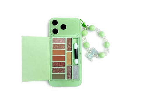 Image of 2 in 1 Faux Phone Case Makeup Palette with Mirror & Applicator | Pastel Portable Eyeshadow Kit | Compact Travel Makeup Box with Beaded Strap (Green)