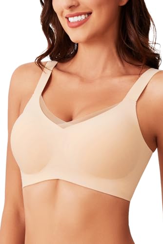 MOEOZLLO V Lace Bras for Women No Underwire Seamless Bralettes for Women Wireless Bra Soft Support Everyday T Shirt Bras -Beige,L