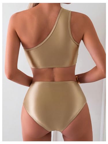 SweatyRocks Women's One Shoulder Wireless Bikini Set Ruched High Rise 2 Piece Swimsuit Beachwear2