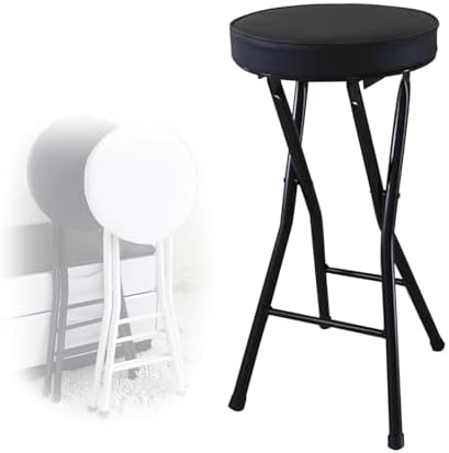 Cushioned Folding Stool for Adults - 25in Backless Height, PU Upholstered High Chair for Indoor/Outdoor Use, Portable Padded Stool for Kitchen, Dining, and Breakfast (Color: White/Black)